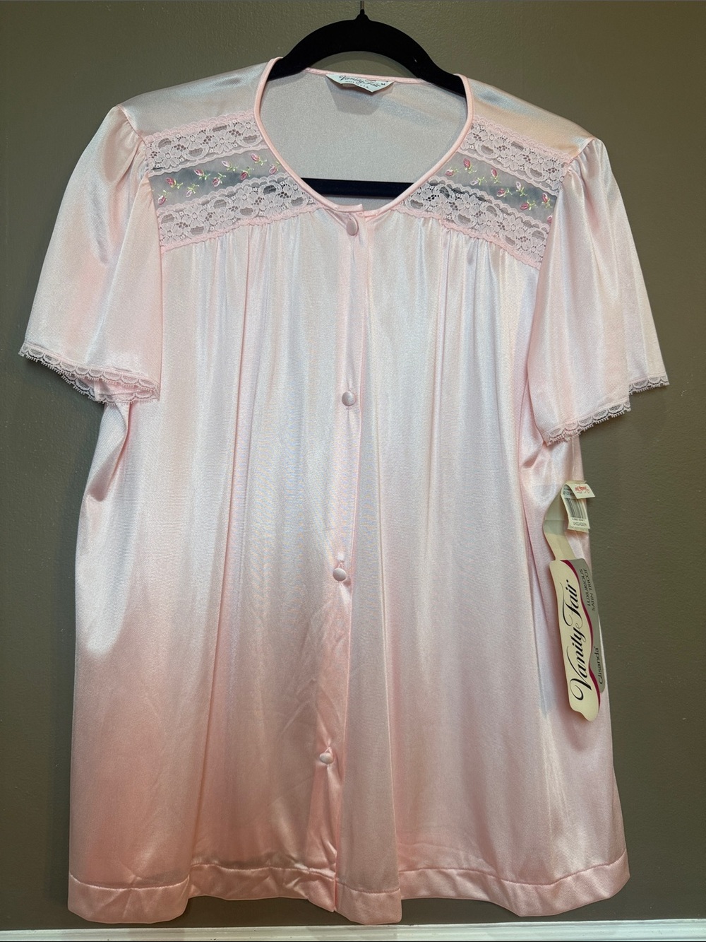Vintage 90s Vanity Fair Pink Satin Nylon Pajama Set NWT Lace M - Picture 2 of 9